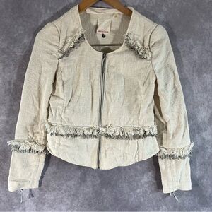 Rebecca Taylor Jacket Womens 4 Ivory Tweed Peplum Fringe Trim Hippie Boho Coat